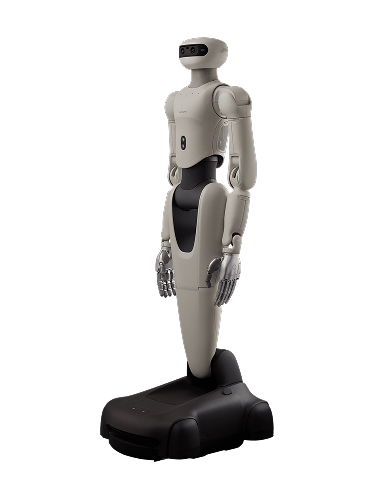 Sharpa North, beige and black humanoid upper body with two arms on a black sloped base, seen at an angle from the front, manufacturer image