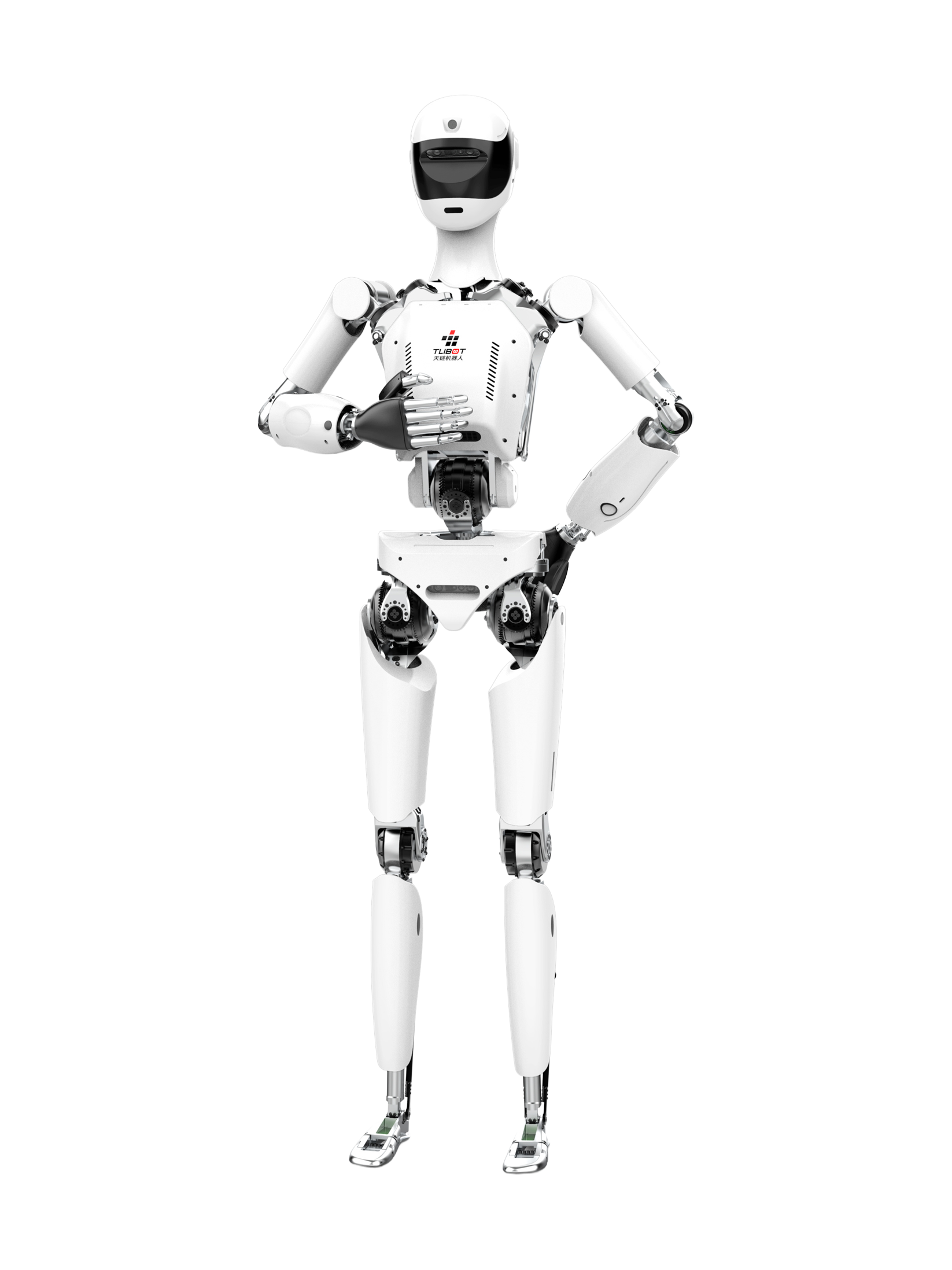 Sichuan Tianlian Robotics T1, white bipedal humanoid with a white helmet head with a black visor, one hand in front of its chest and the other on its hip, seen from the front, manufacturer image