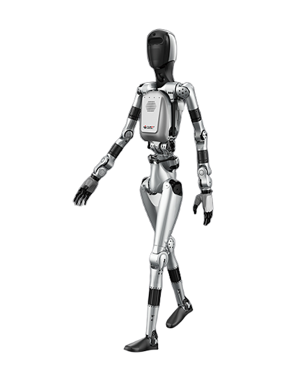 Tianlian Tianzhen Z1, silver humanoid robot with a smooth black faceless head, black joint bands on the arms and legs and a light backpack, seen in a walking pose