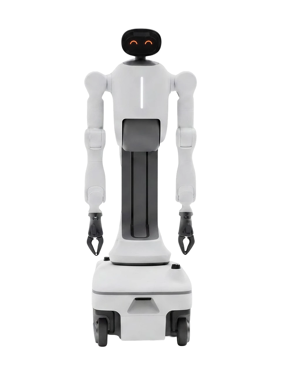 Simple AI Simbot, white robot with a black screen head showing two orange eyes, a white upper body with a vertical light strip, two arms with black grippers, on a grey column above a white wheeled base, seen from the front, manufacturer rendering