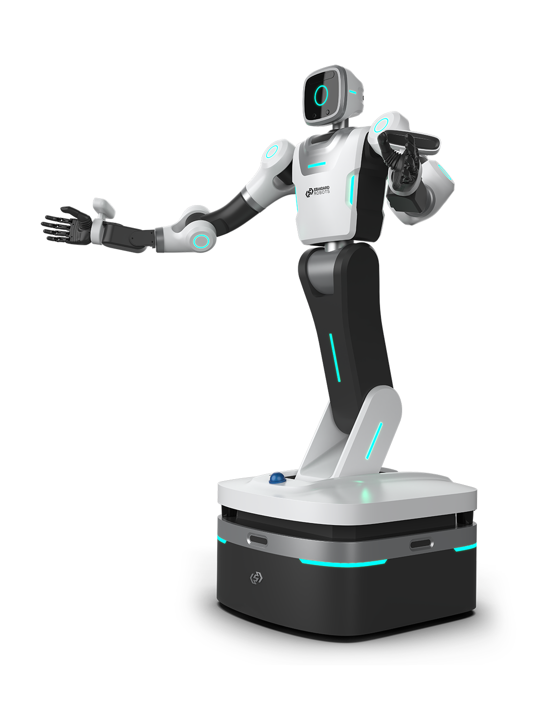 Standard Robots DARWIN, white and dark grey humanoid upper body with turquoise light strips on a bent column above a white and black wheeled base, one arm stretched out, seen at an angle from the front, manufacturer rendering