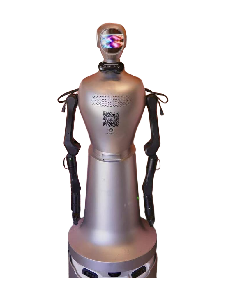 StarBot Nova, silver service robot with a screen face, a camera at the neck, two black robot arms and a wide round wheeled base, seen from the front, manufacturer photo