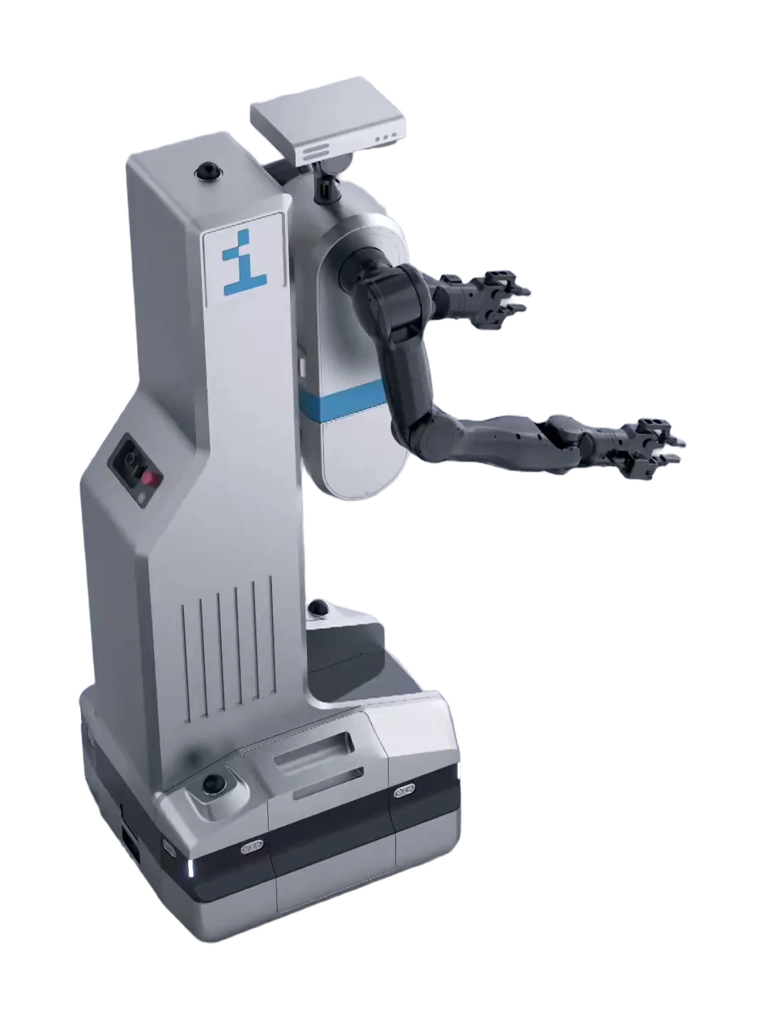 Sunrising AI Phi-Bot X1, silver-grey wheeled humanoid with a tall column, a camera head, two black arms and a small white-and-blue torso, seen from the side at an angle
