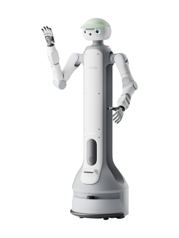 SwitchBot onero H1, white and grey robot with a round head with eyes and a light green visor, two arms with fingered hands on a tall column above a round wheeled base, one hand raised in a wave, seen at an angle from the front, manufacturer image