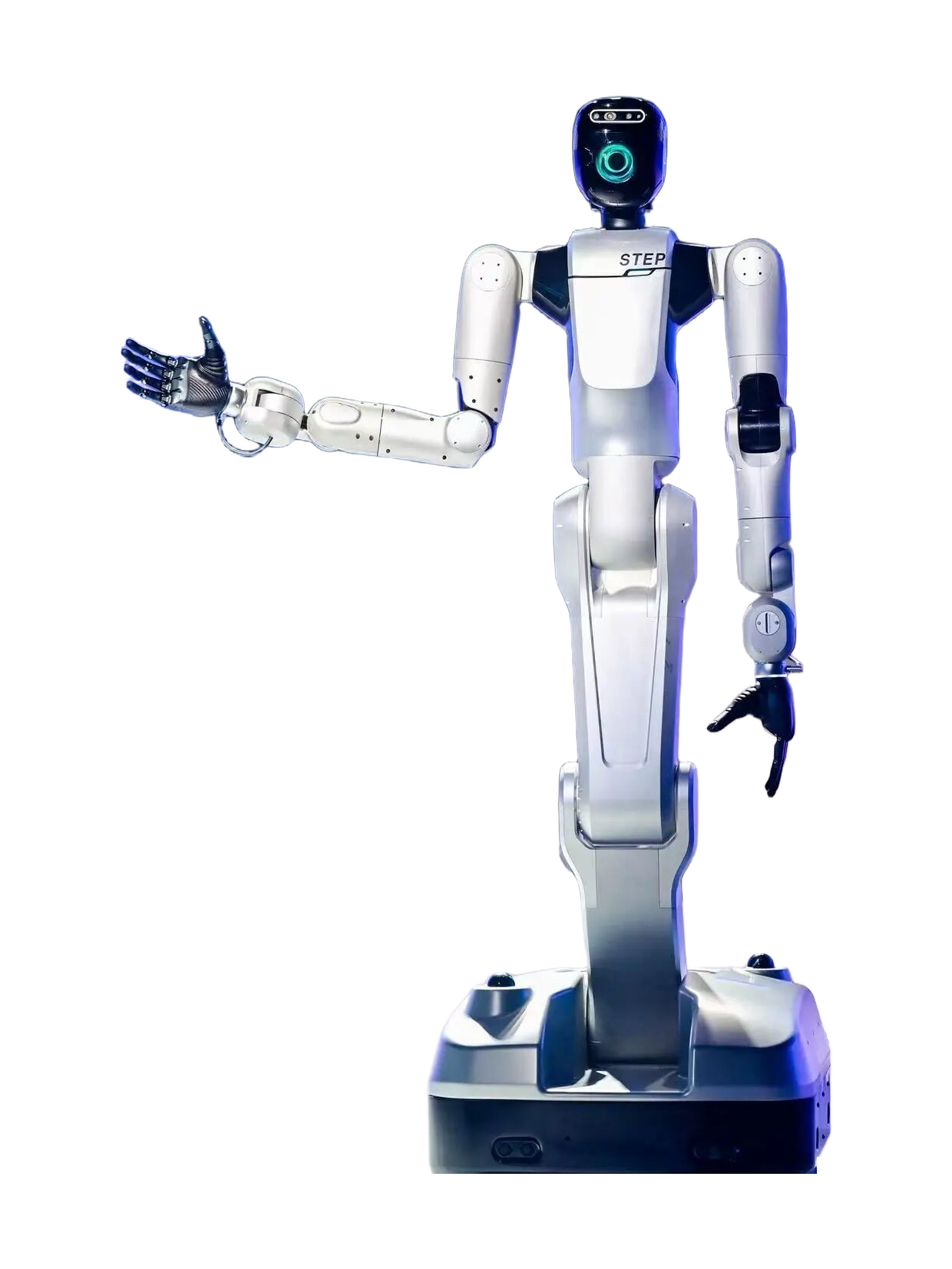 SYNDA R1, white humanoid upper body with a round black face with a turquoise light ring, two arms with black hands, one held out, on a column on a silver and black wheeled base, seen from the front, manufacturer photo