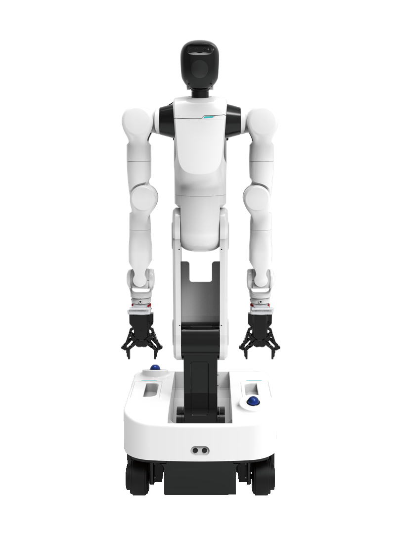 SYNDA R2, white humanoid with a black faceless head, black shoulders and two white robot arms with black grippers on a black column in a white wheeled base, seen from the front, manufacturer rendering