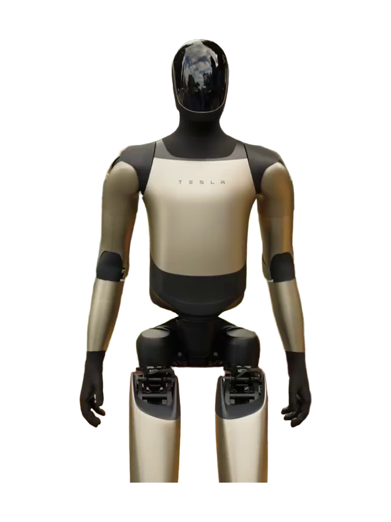 Tesla Optimus V2.5, humanoid robot with a gold-coloured body and arms, black shoulders, hips and hands and a glossy black faceless head, standing with its arms at its sides, seen from the front, cropped at the shins, still from the manufacturer's video