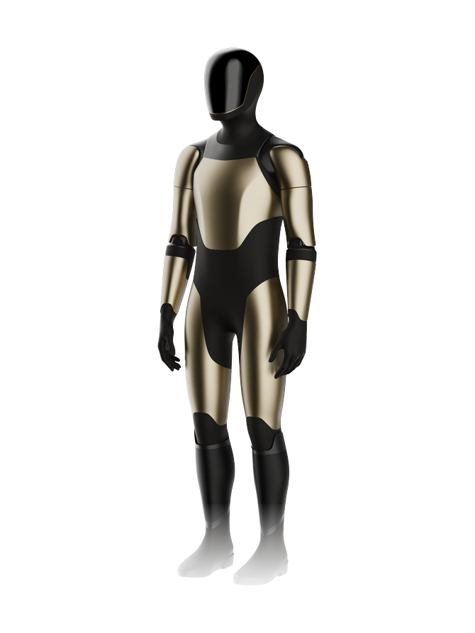 Tesla Optimus V3, bipedal humanoid with a gold torso, upper arms and thighs, a black midsection, black lower legs and hands and a glossy black faceless helmet, standing, seen at an angle from the front, feet fading out, Tesla rendering