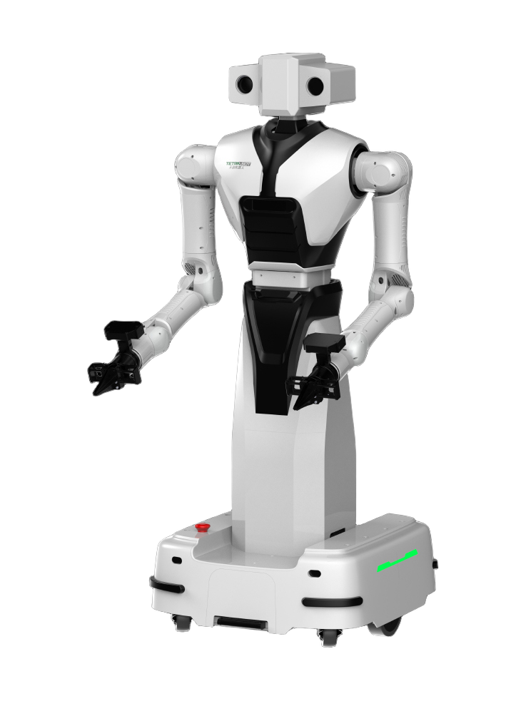 TetraBOT T4-C, white and black humanoid upper body with a box-shaped head with two cameras and two arms with grippers on a white column above a white wheeled base, seen at an angle from the front, manufacturer rendering