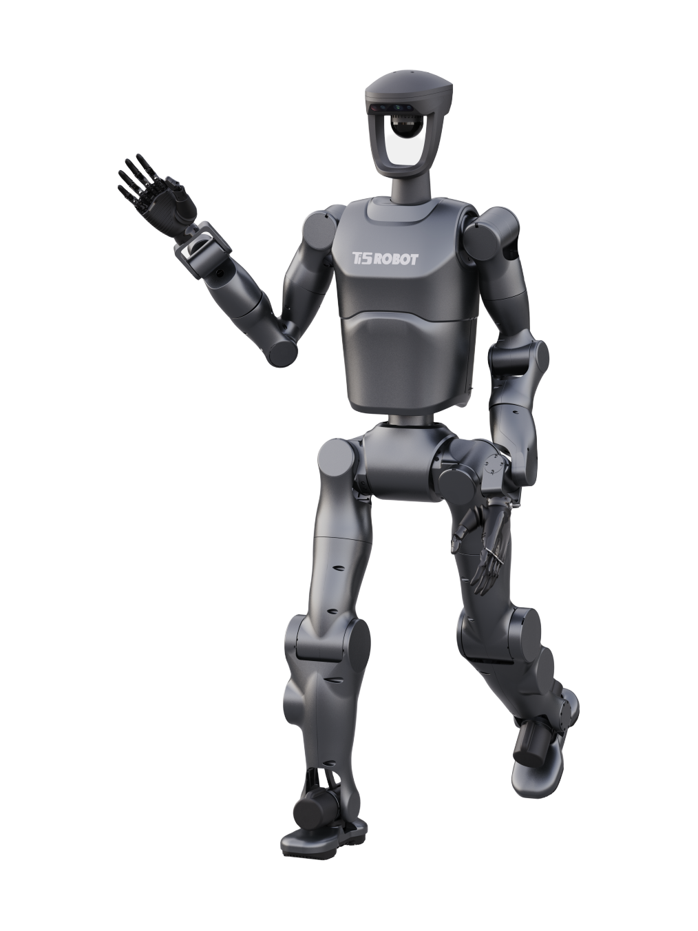 Ti5Robot T140A, dark grey bipedal humanoid with a square head with a camera and one hand raised, walking, seen from the front, manufacturer rendering