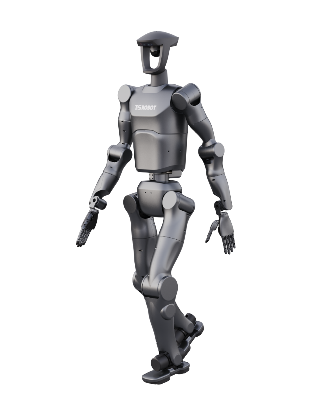 Ti5Robot T170A V2, dark grey bipedal humanoid with a square head with a camera, walking, seen at an angle from the front, manufacturer rendering