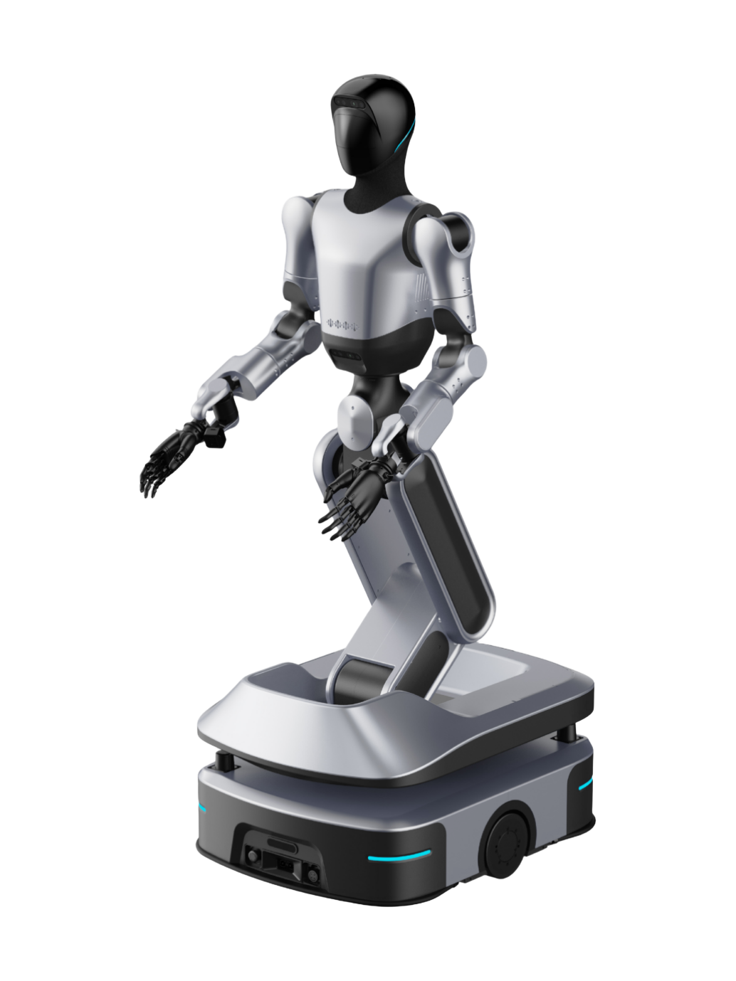 Ti5Robot T170C V2.0, silver humanoid upper body with a black head on a bent leg above a grey wheeled base, seen at an angle from the front, manufacturer rendering