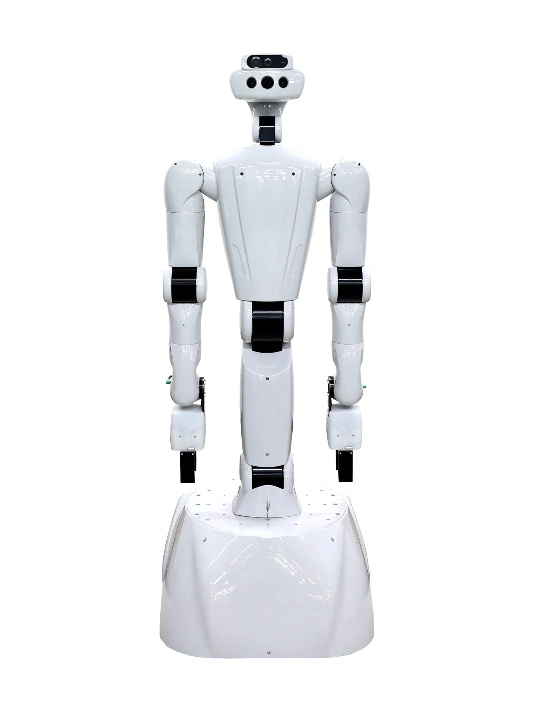 Tokyo Robotics Torobo, white humanoid upper body with a camera face with three lenses, two long arms with black joints and grippers, mounted on a white dome-shaped mobile base, seen from the front, manufacturer image