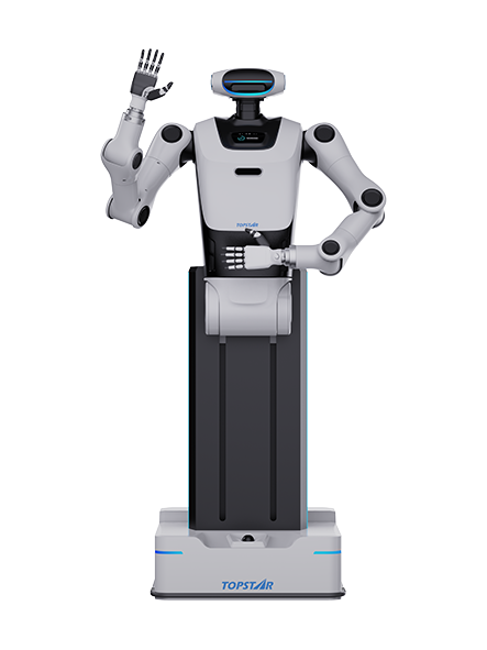 Topstar TWH020, white and black humanoid upper body with one hand raised on a black column above a white wheeled base, seen from the front, manufacturer rendering