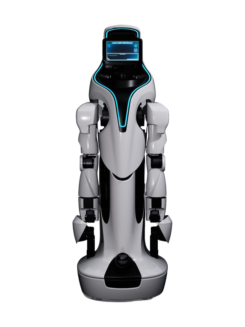 Toyota ELEY, white and black robot with a screen head with a blue light edge and two arms on a white body above a round base, seen from the front, manufacturer rendering