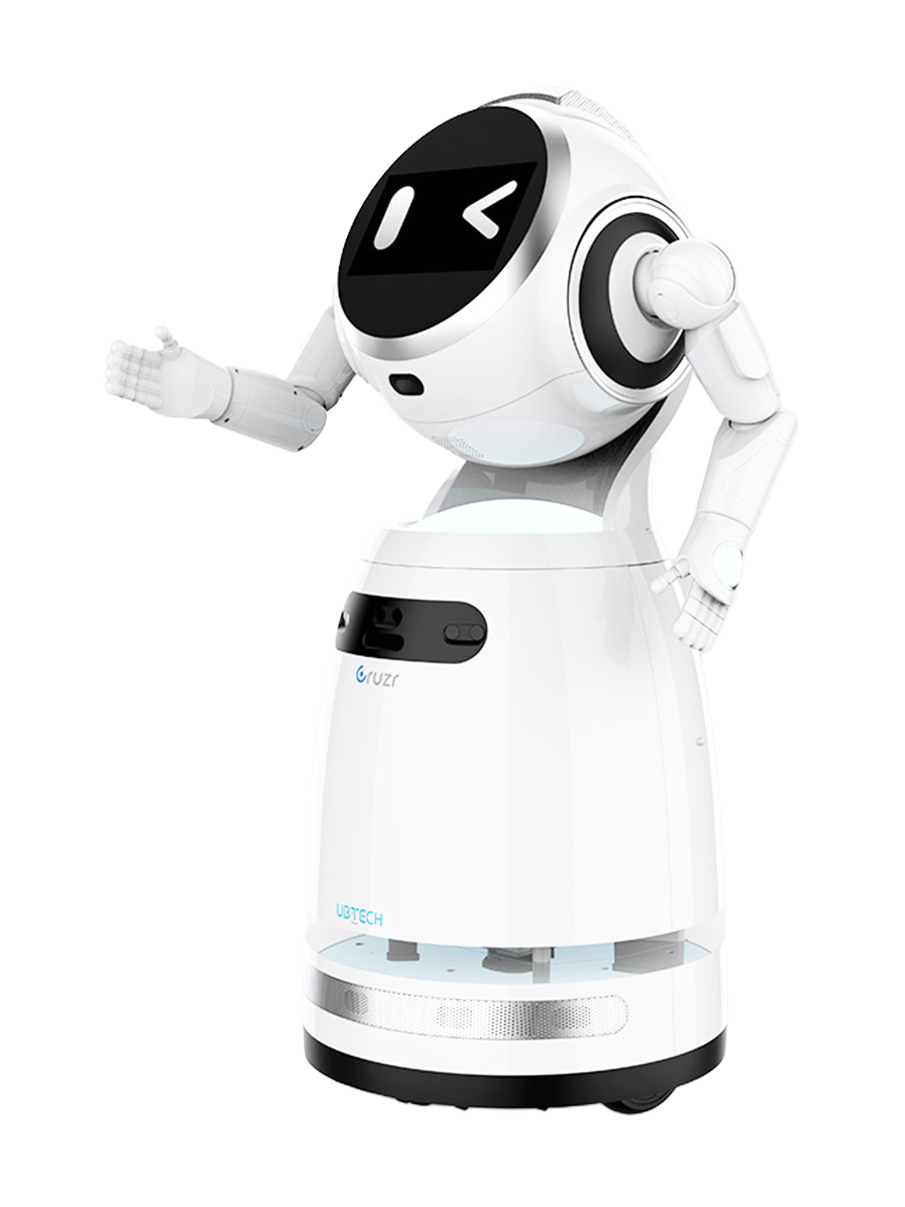 UBTECH Cruzr 1S, white robot with a round head with a black screen face and one arm stretched out, a rounded white body on a wheeled base, seen at an angle from the front, manufacturer photo