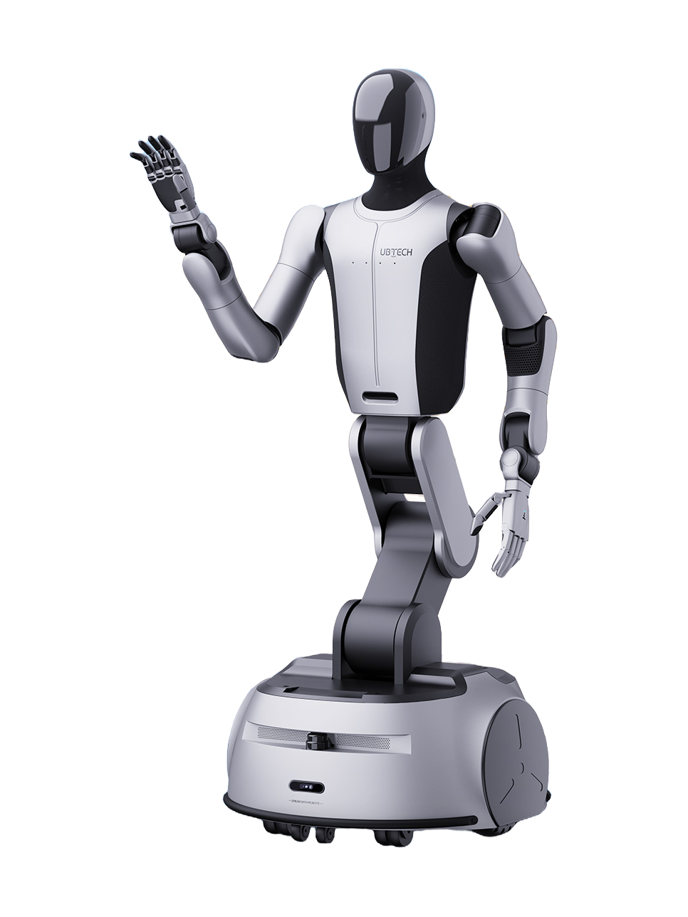 UBTECH Cruzr S2, two-armed humanoid robot on a wheeled base, waving, manufacturer product image