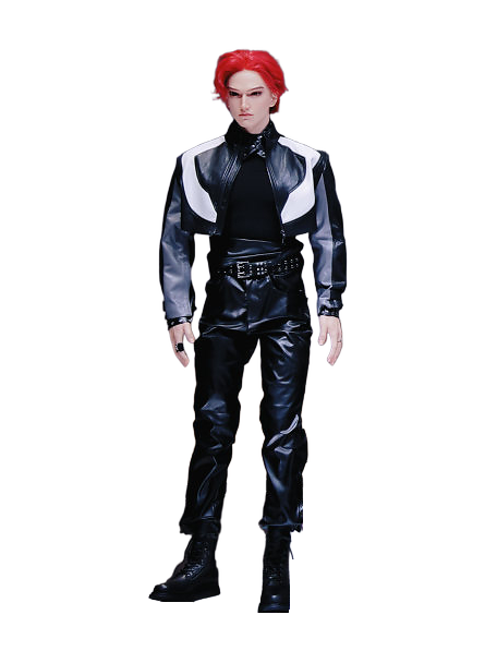 UBTECH U1 Ultra, male version, human-like humanoid with red hair and a realistic face, dressed in a black leather jacket with white shoulder panels, black leather trousers and black boots, standing, seen from the front, manufacturer photo