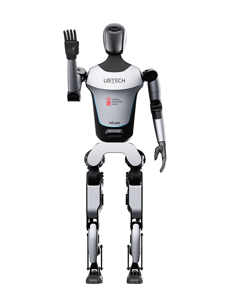 UBTECH Walker C, bipedal humanoid robot waving, seen from the front, manufacturer product image
