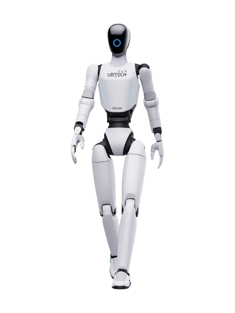 UBTECH Walker C1, white bipedal humanoid robot with a black visor head, walking, seen from the front, product image