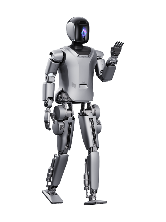 UBTECH Walker S, bipedal humanoid robot with a display face, waving, manufacturer product image