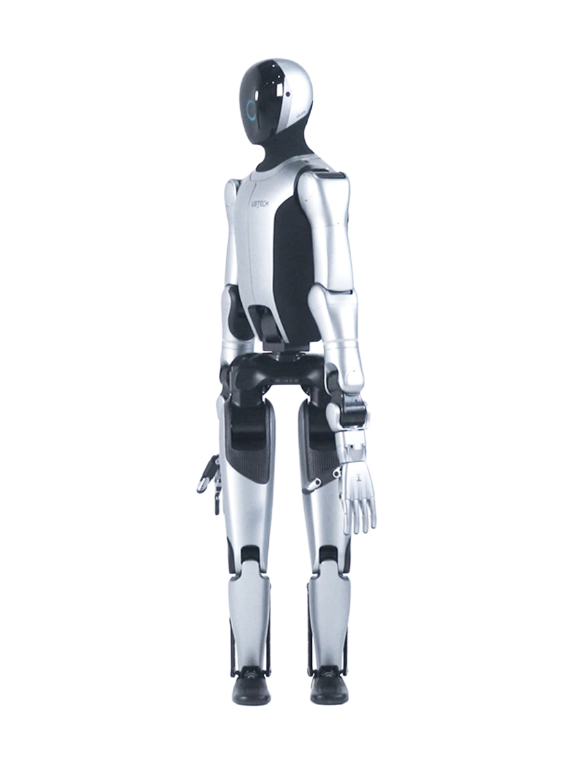 UBTECH Walker S2, silver and black bipedal humanoid robot, standing, seen at an angle from the front, manufacturer product image