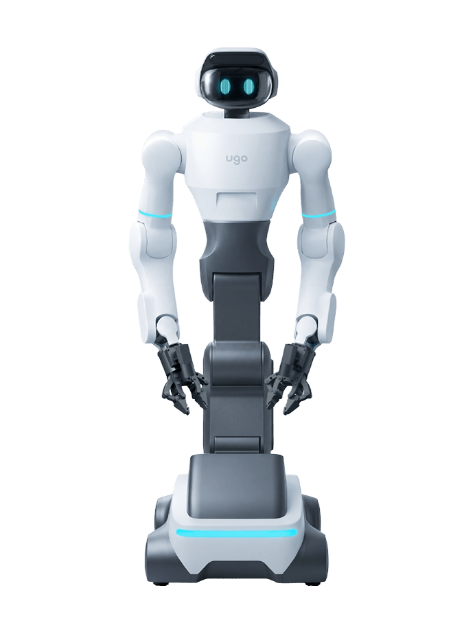 ugo Nova, white humanoid upper body with a screen face and two glowing blue eyes on a grey column and a wheeled base, seen from the front, manufacturer rendering