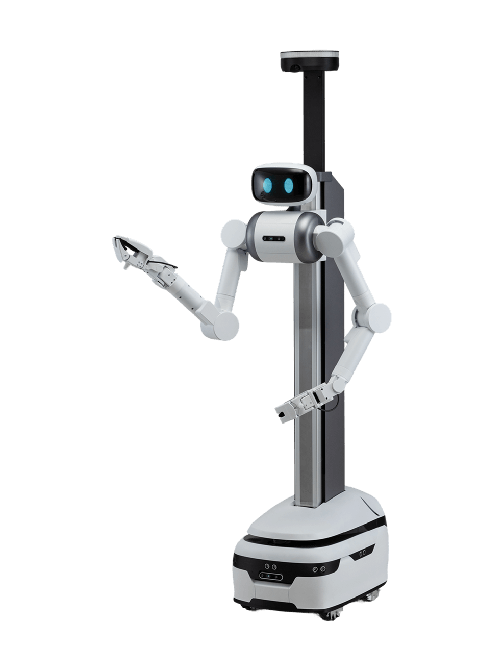 ugo Pro, white robot with a black screen face with two blue eyes, two robotic arms with grippers mounted on a tall column with a black mast on top, on a white mobile base, one arm raised, seen at an angle from the front, manufacturer image
