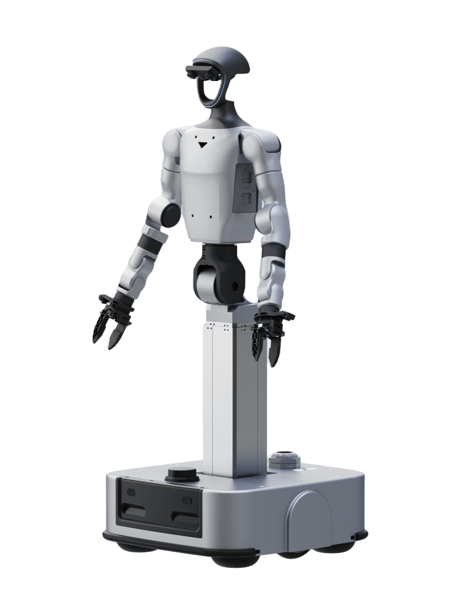 Unitree G1-D, two-armed humanoid upper body on an adjustable column and wheeled base, manufacturer product image