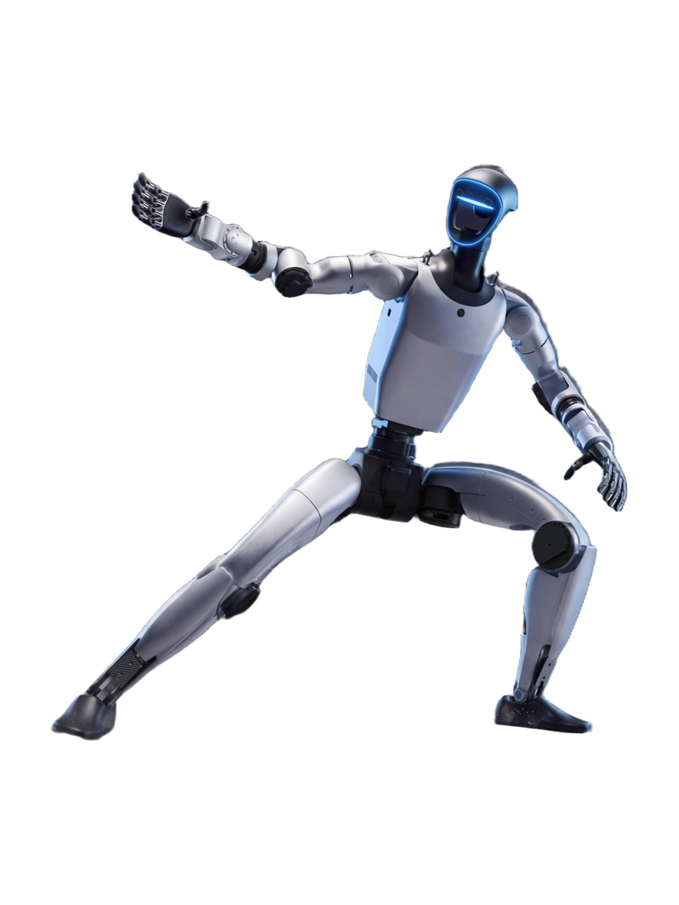 Unitree G1+, humanoid robot with a white torso, grey limbs and a glowing blue face panel, in a wide lunge with one arm stretched out