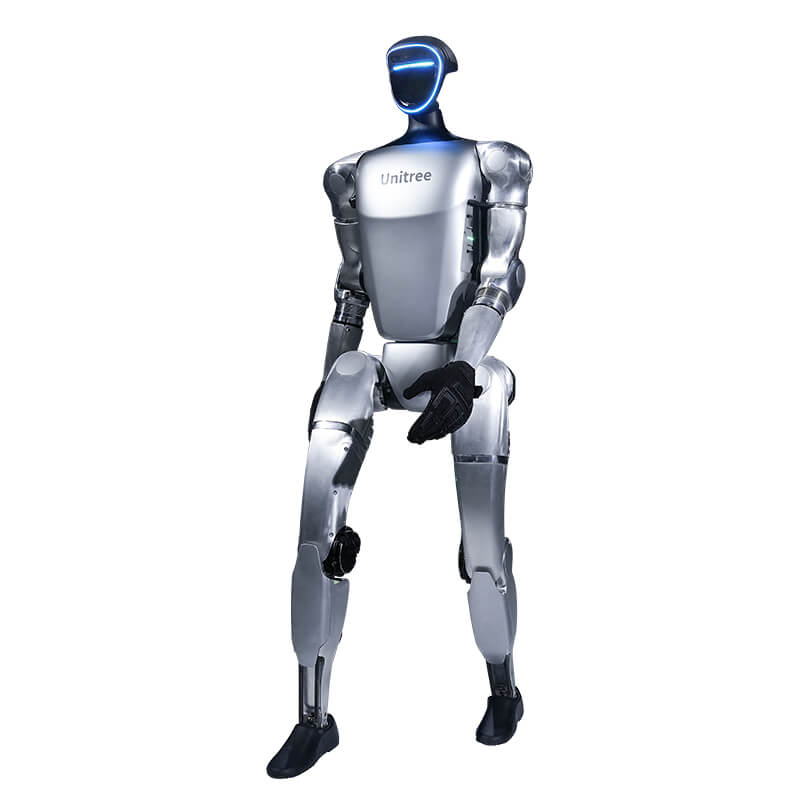 Unitree G1, standing humanoid robot, studio photo on a white background