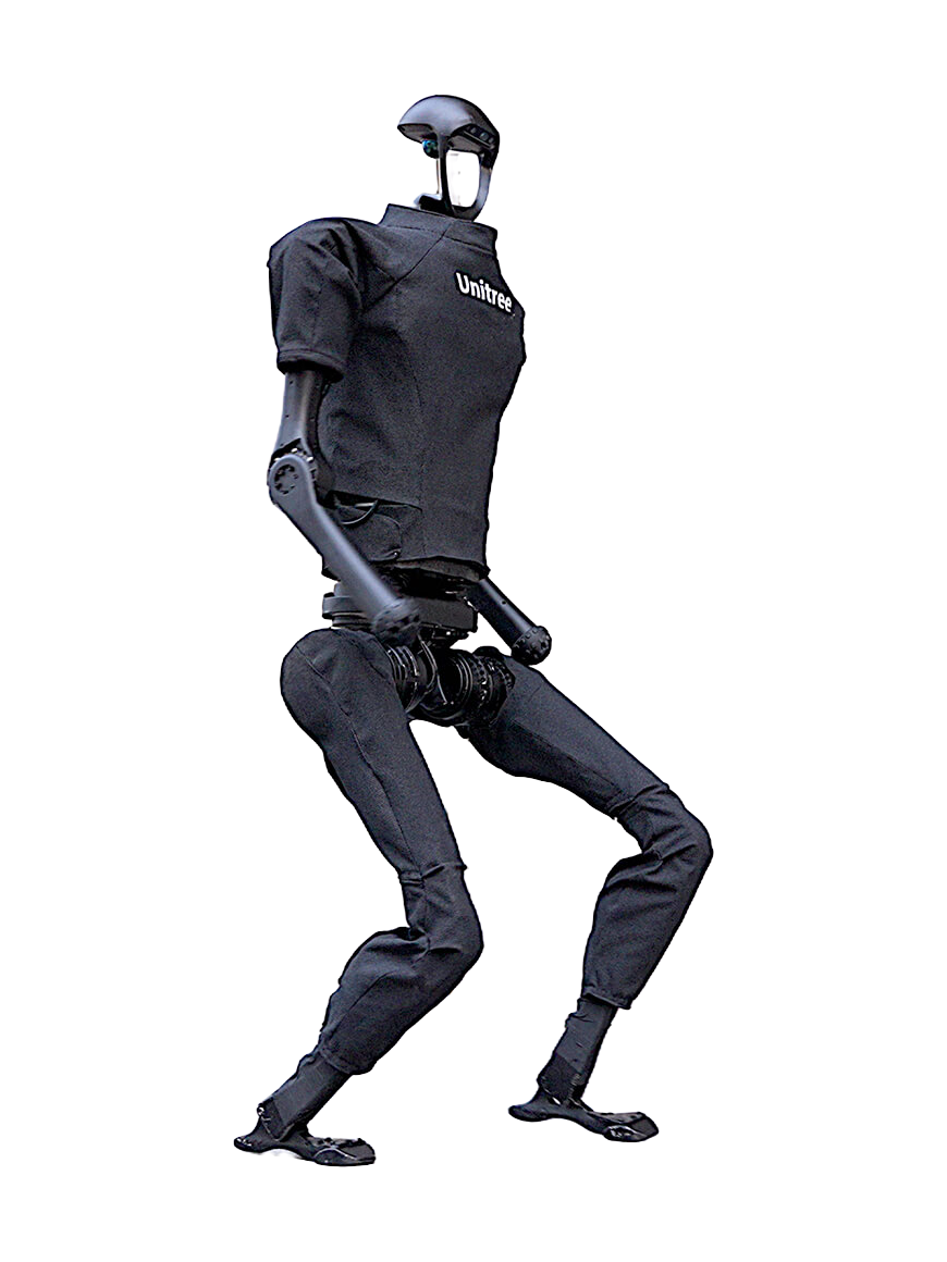 Unitree H1, bipedal humanoid robot wearing dark fabric clothing, manufacturer photo