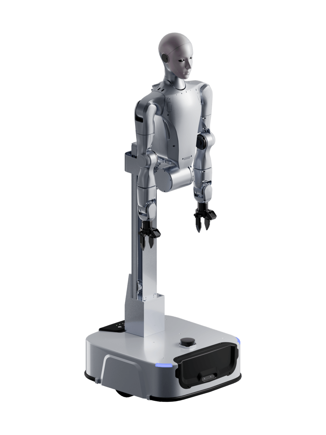 Unitree H2-D, silver two-armed humanoid upper body on a lifting column and mobile wheeled base, manufacturer product image
