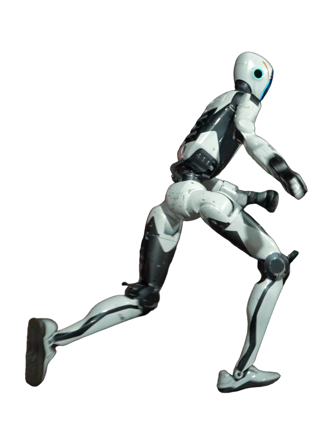 Unitree H2-X, white bipedal humanoid with a round white head with a blue light ring, black and white joints and a long stride, seen from the side