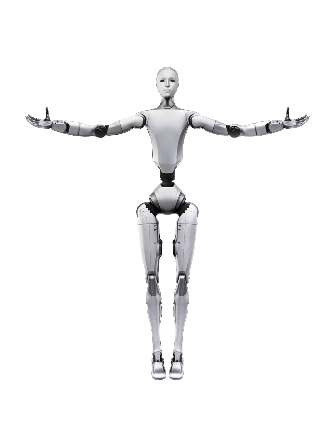 Unitree H2, silver bipedal humanoid robot with arms outstretched, seen from the front, product image