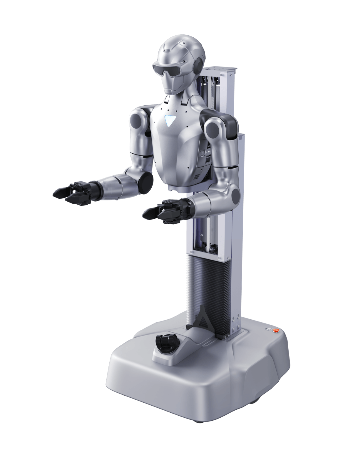 Unitree R1-A-D, silver humanoid upper body with a black visor and two arms with grippers on an upright column above a grey wheeled base, seen at an angle from the front, manufacturer image