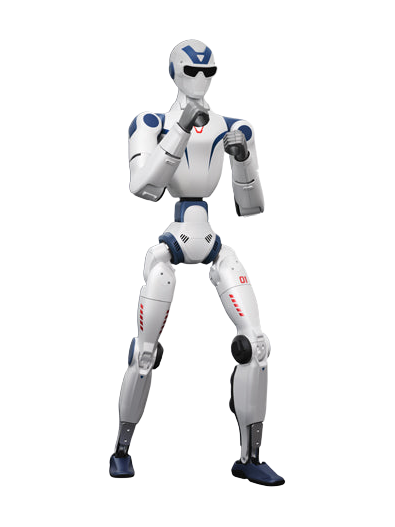 Unitree R1, white and blue bipedal humanoid robot in a boxing stance, manufacturer product image