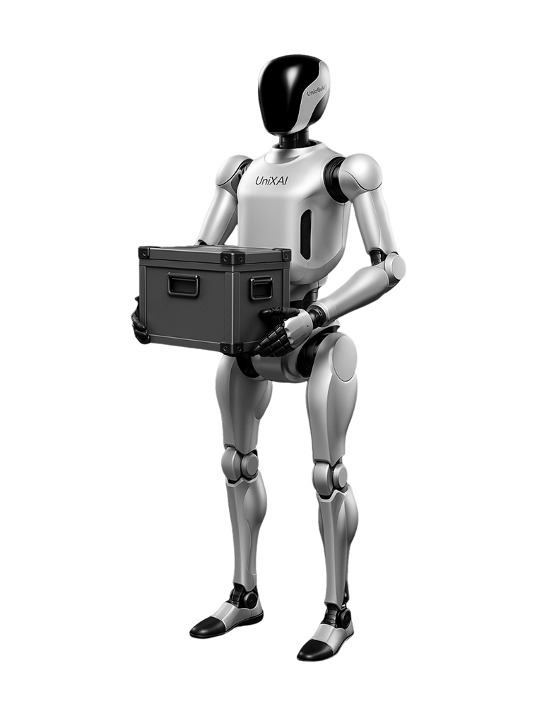 UniX AI Martian, silver and white bipedal humanoid robot carrying a black case, manufacturer product image