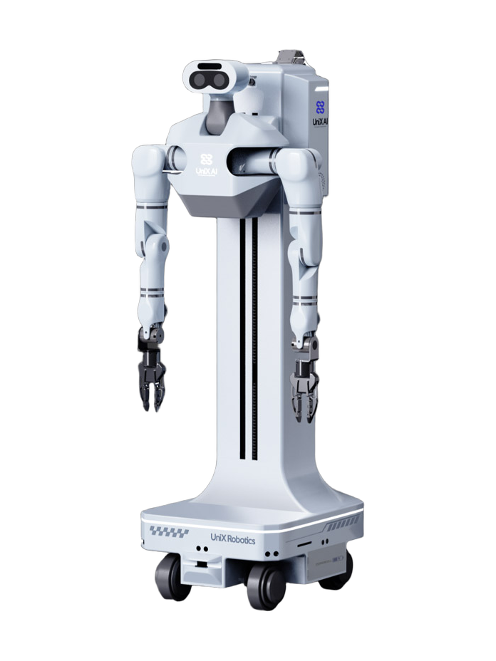 UniX AI Panther, white robot with a camera head and two arms with grippers on a tall white column above a wheeled base, seen from the front, manufacturer rendering