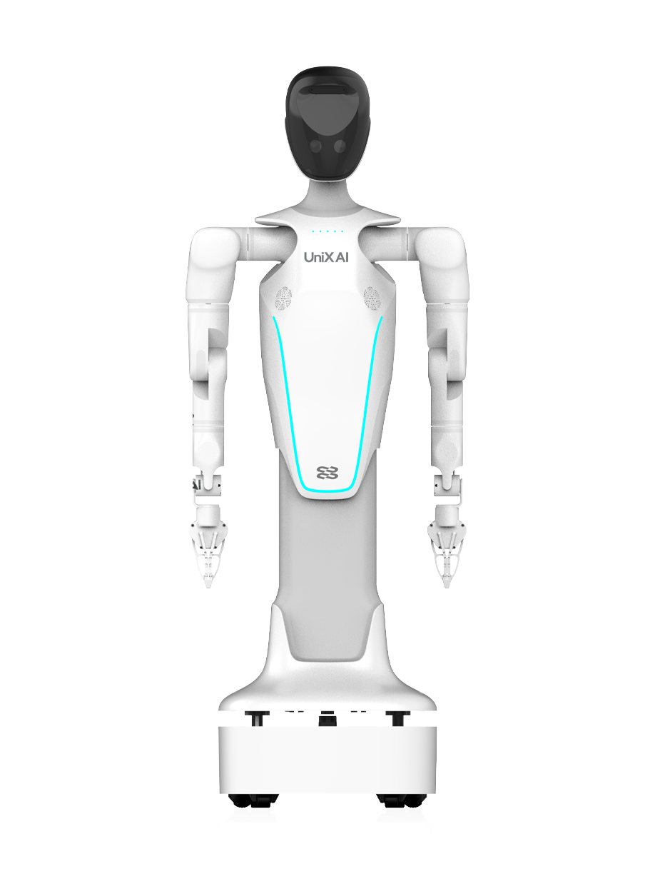 UniX AI Wanda 2.0, white humanoid upper body with a black head on a wheeled base, seen from the front, manufacturer product image