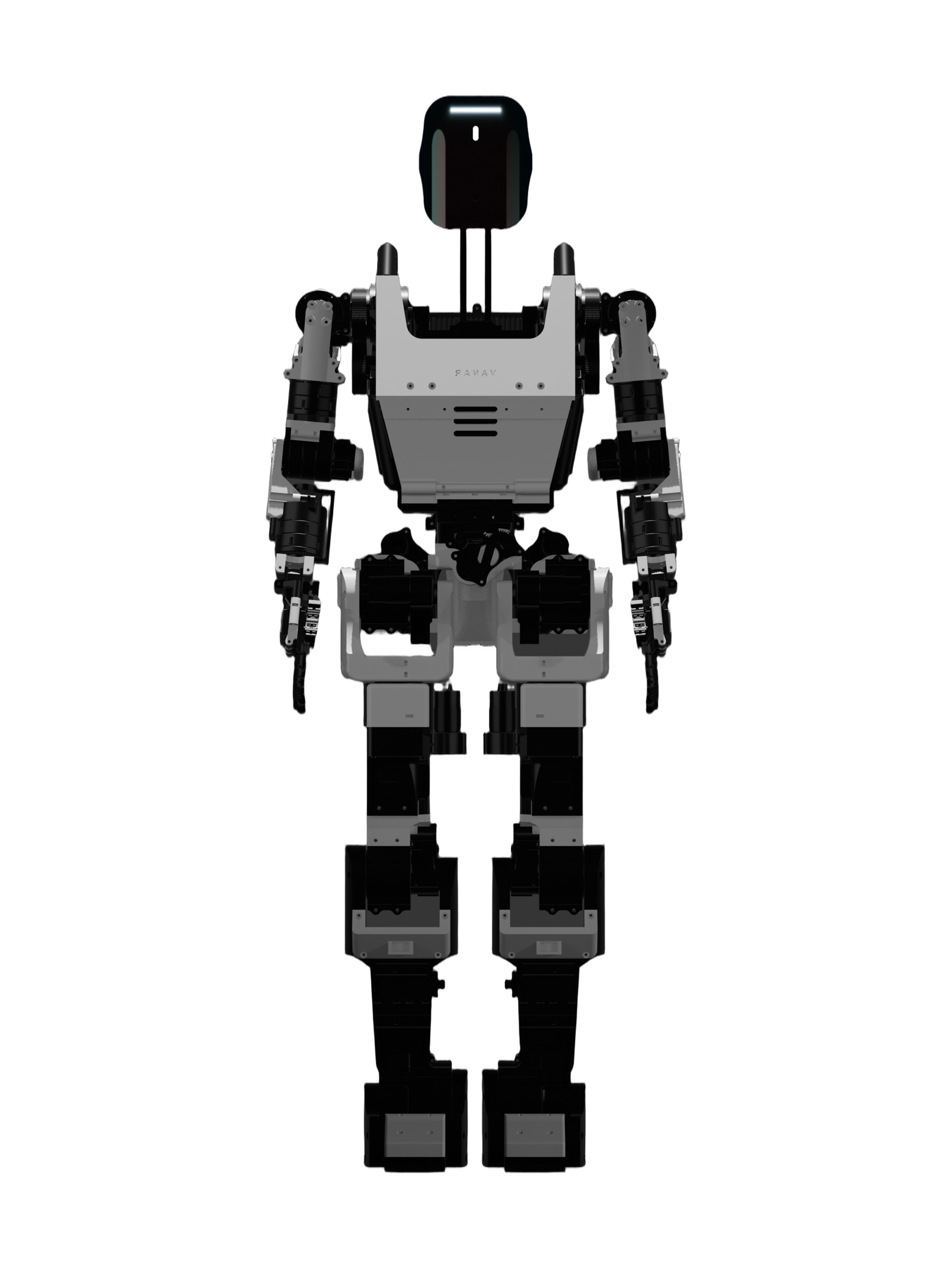 Vanar Generation 1, black, white and grey bipedal humanoid with exposed actuators, standing, seen from the front, manufacturer rendering