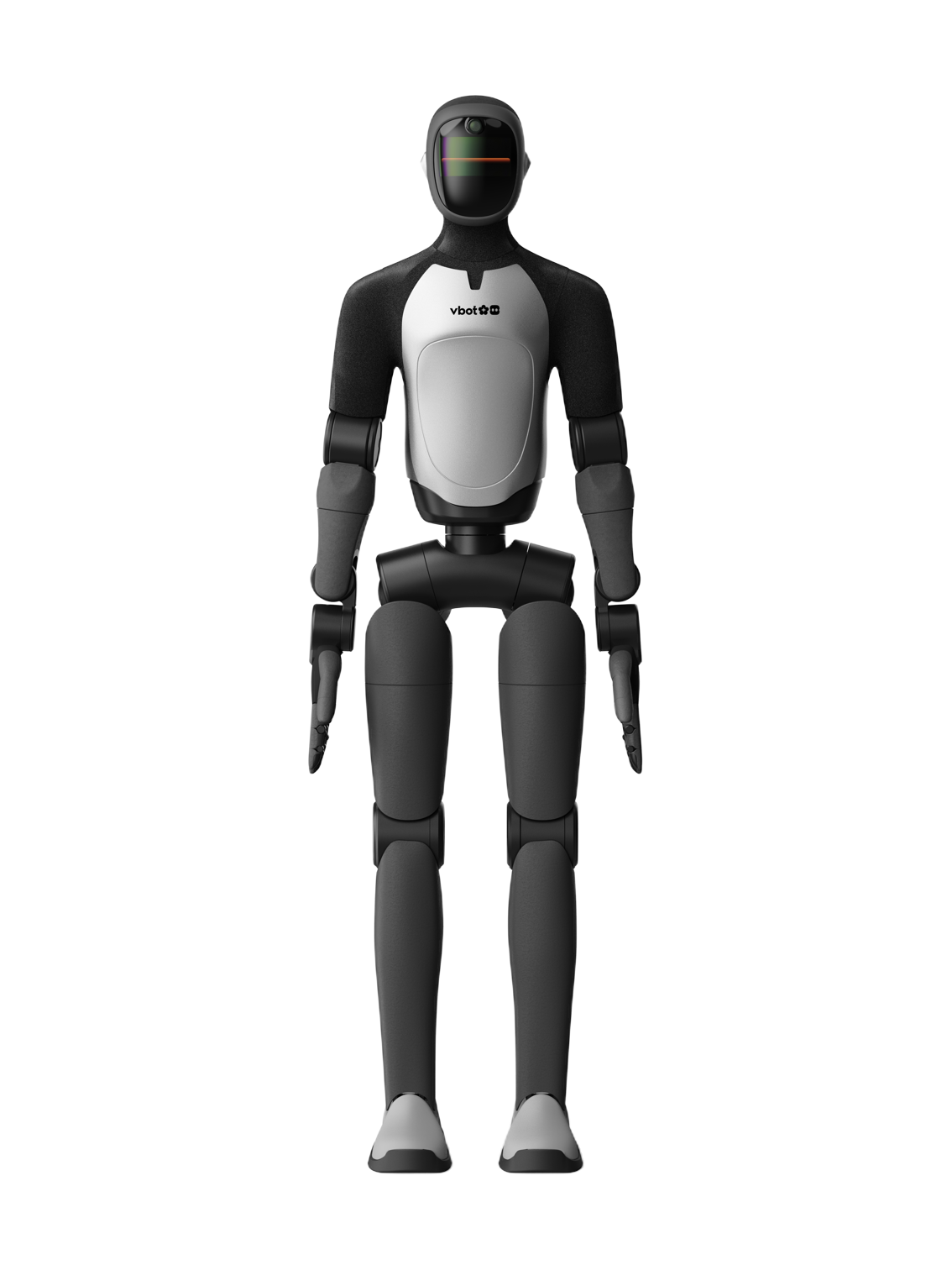 Vbot ATOM, black and white bipedal humanoid with a black head with a face screen, a black fabric-covered upper body and arms, a white chest shield with the Vbot logo and grey soles, standing, seen from the front, manufacturer rendering