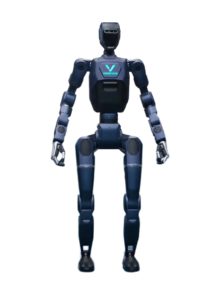 VinMotion Motion 2, dark blue bipedal humanoid with a black face screen, a turquoise V logo on the chest and fingered hands, standing upright with its arms down at its sides, seen from the front, still from the manufacturer's video