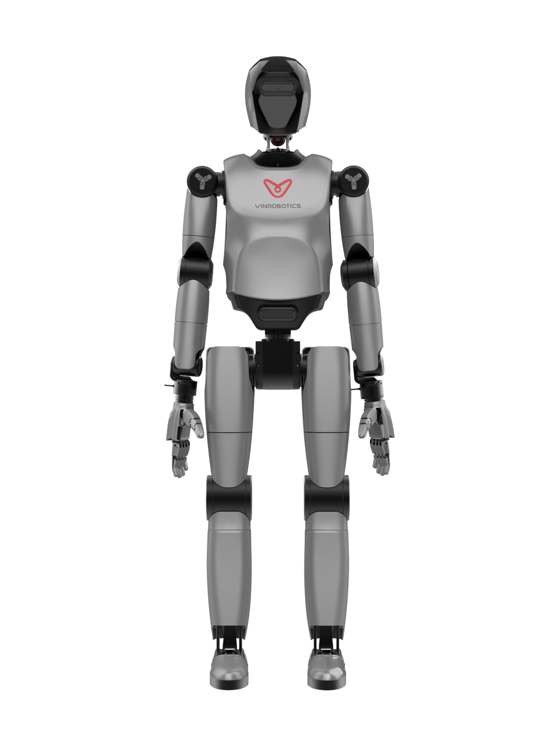 VinRobotics VR-H5, silver and black bipedal humanoid with a dark visor and a red logo on the chest, standing, seen from the front, manufacturer rendering from the datasheet
