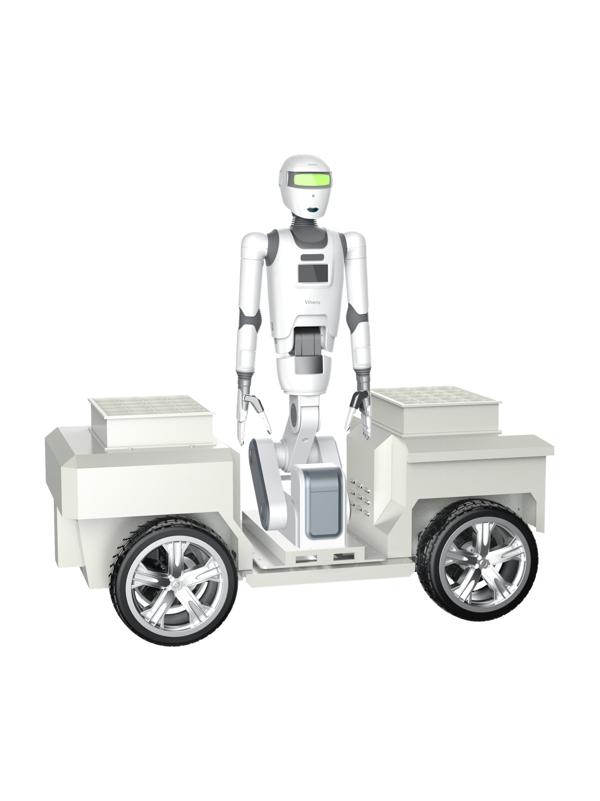 Vizum humanoid picking robot, white humanoid upper body with a green visor and two arms with grippers on a column in the middle of a white four-wheeled cart with two boxes, seen from the front, manufacturer rendering