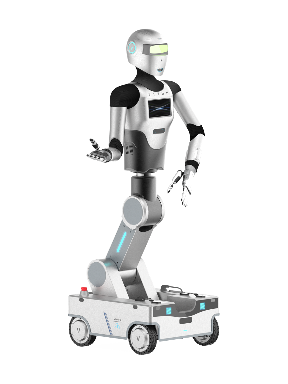 Vizum Xiaowei (AGV version), white and black humanoid upper body with a greenish visor, a screen on the chest and two hands, on a grey jointed lifting column on a white four-wheeled AGV cart, seen at an angle from the front, manufacturer rendering