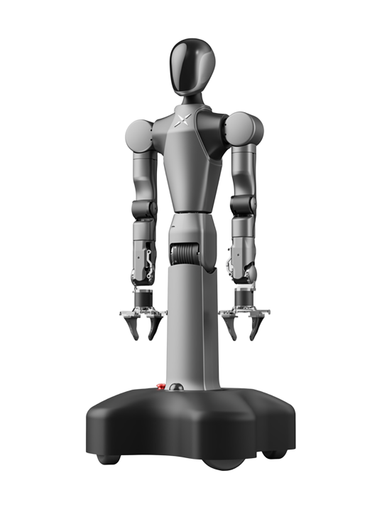 VLAI K1, wheeled robot with an oval black head screen, two arms with two-finger grippers, a slim grey body column and a wide black wheeled base, seen from the front