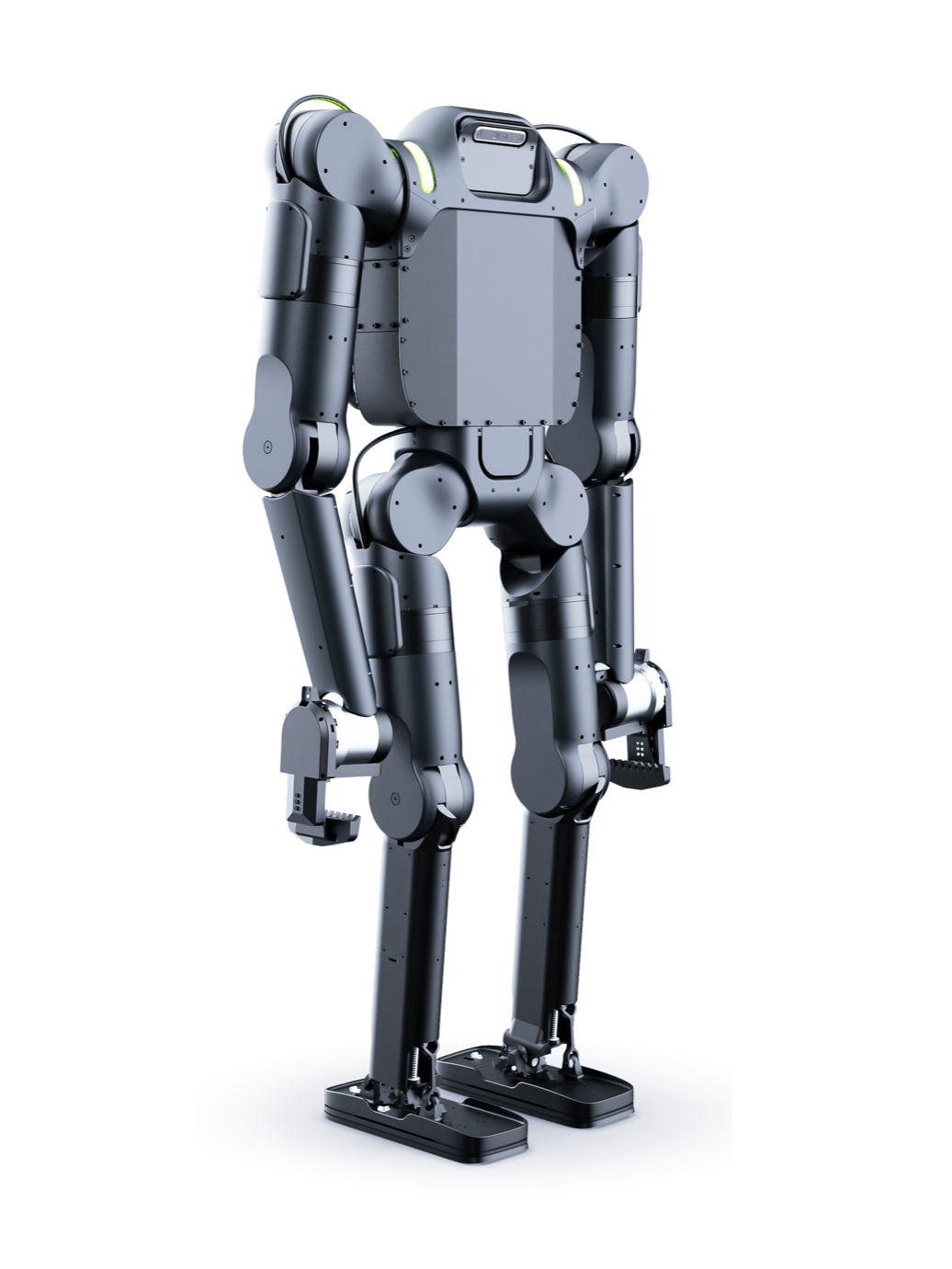 Wandercraft Calvin-40, grey headless bipedal humanoid with heavy arms, seen at an angle from the front, manufacturer image