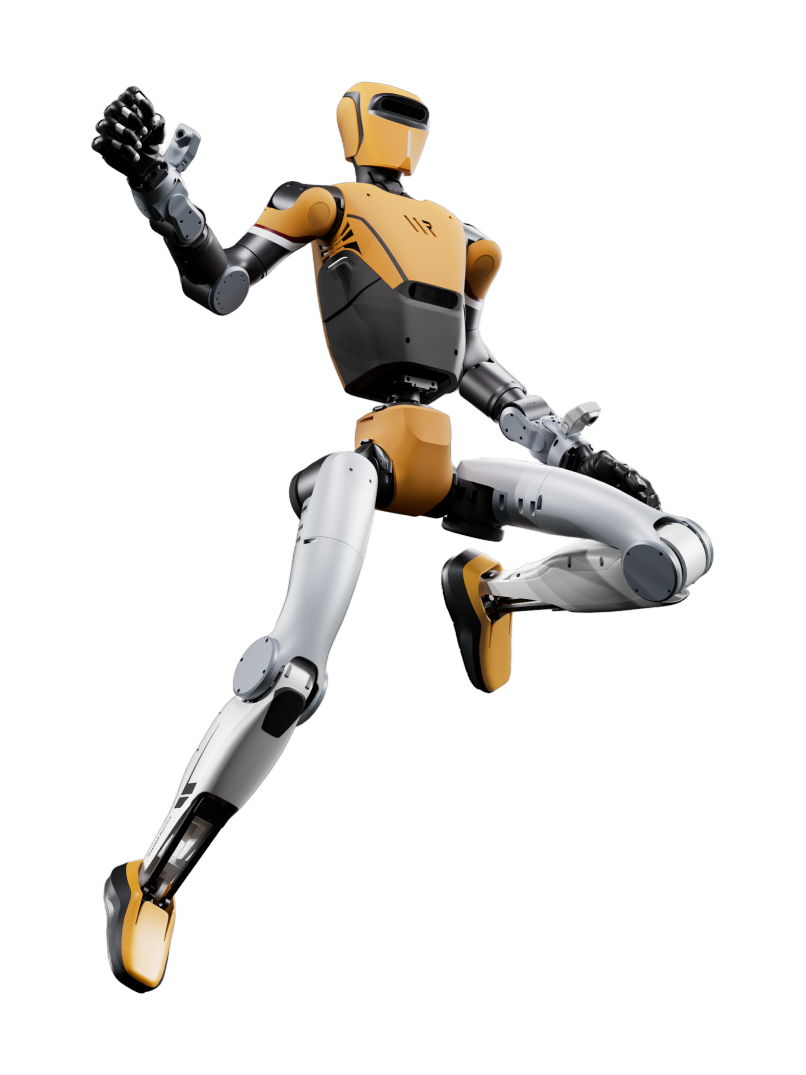 Westlake Robotics Titan o1, orange and white humanoid with black hands and orange feet, mid-jump with one knee raised