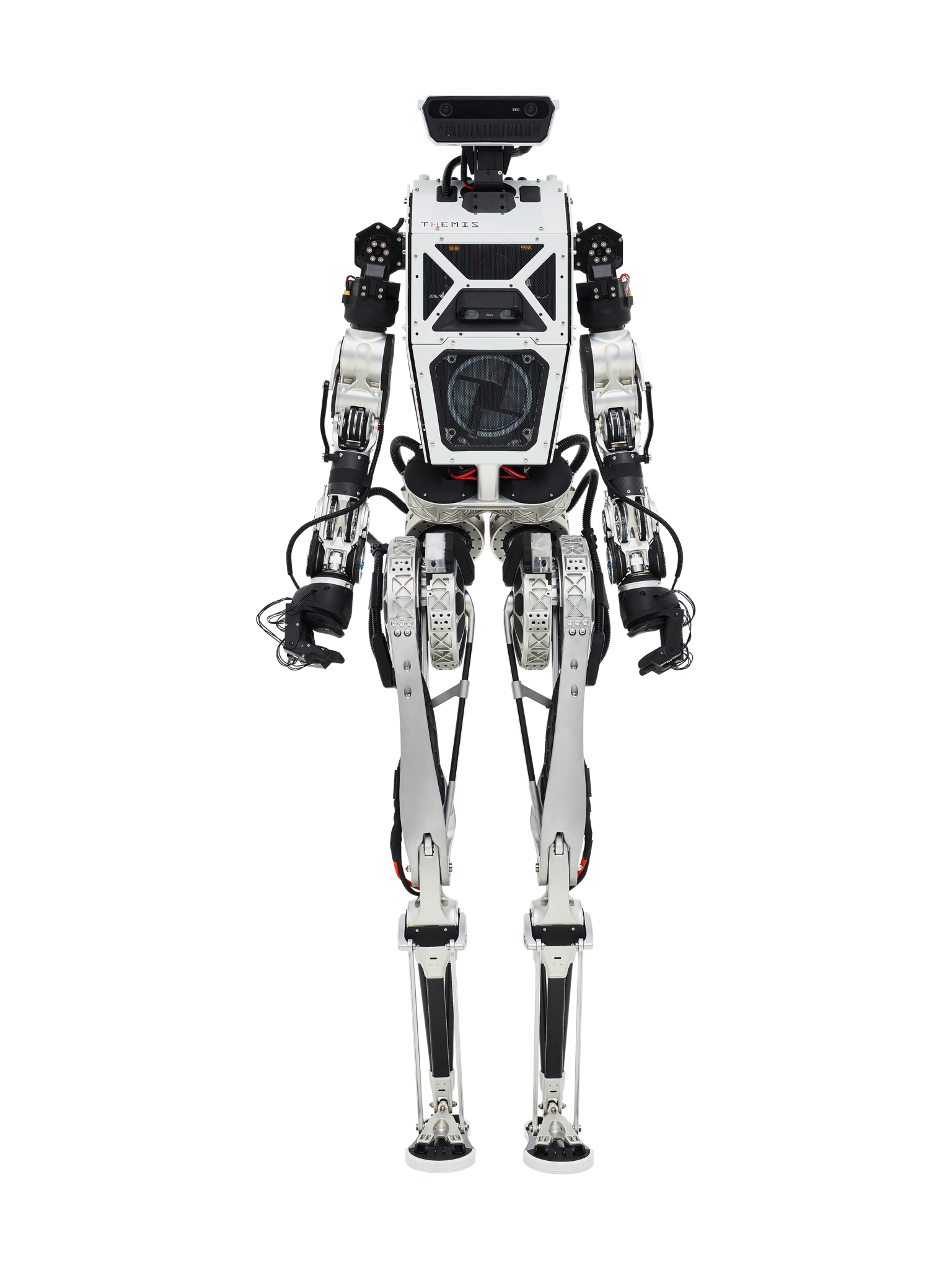 Westwood Robotics THEMIS, white and black bipedal humanoid with an open frame, exposed actuators and a sensor head, standing, seen from the front, manufacturer image